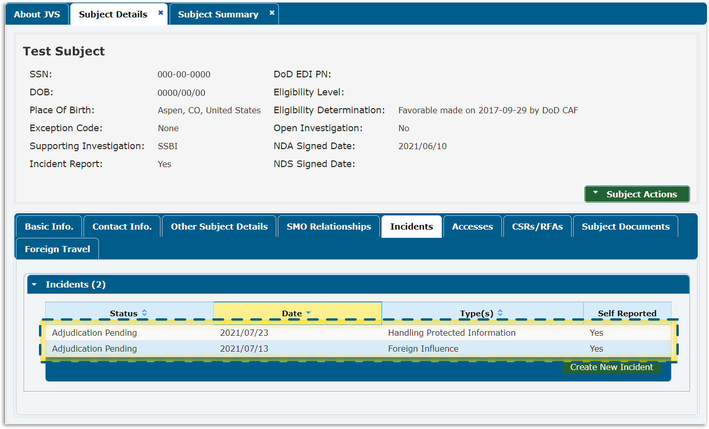 Subject Details tab, incidents sub-tab showing two existing incidents