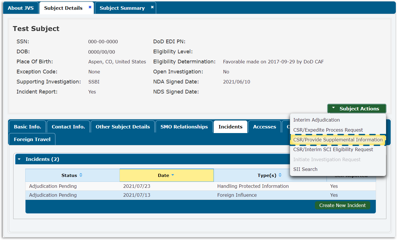 Subject Actions Menu with CSR Provide Supplemental Information menu choice highlighted