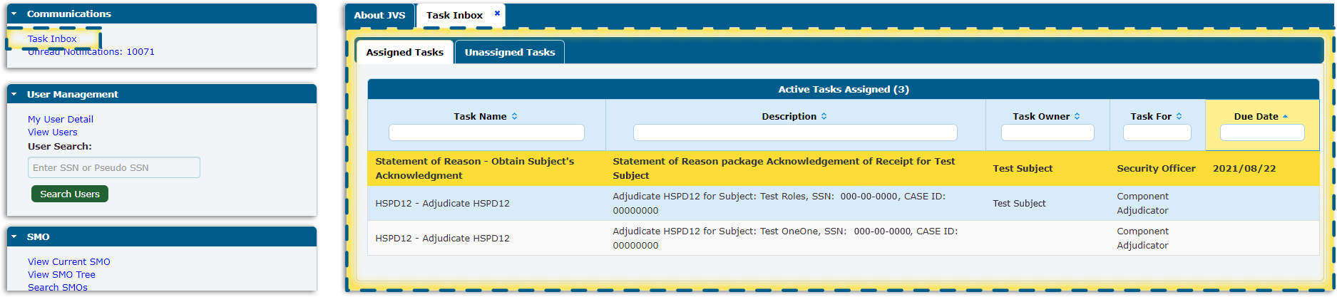 Communications panel, Task Inbox tab, Assigned tasks sub-tab