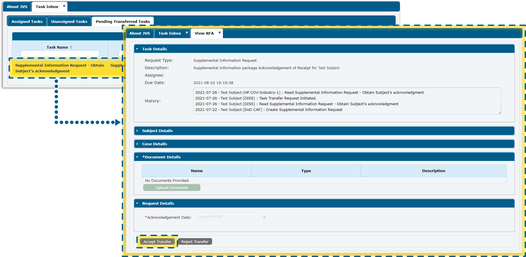 Task inbox pending transferred tasks tab with highlighted rfa