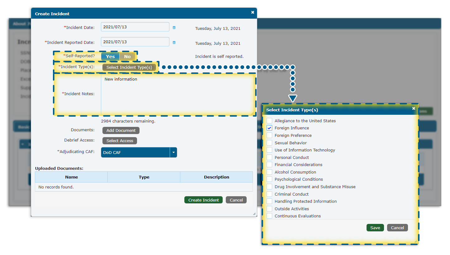 Create Incident window with fields highlighted and select incident types checkbox options