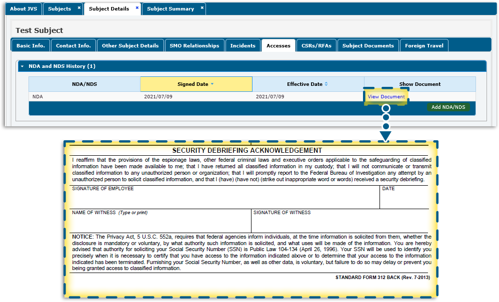 Accesses tab - View Document