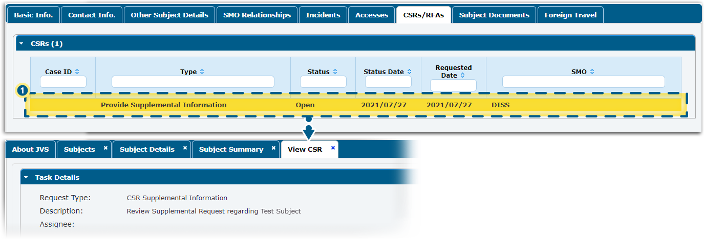 csrs rsas tab with open csr highlighted, view csr tab