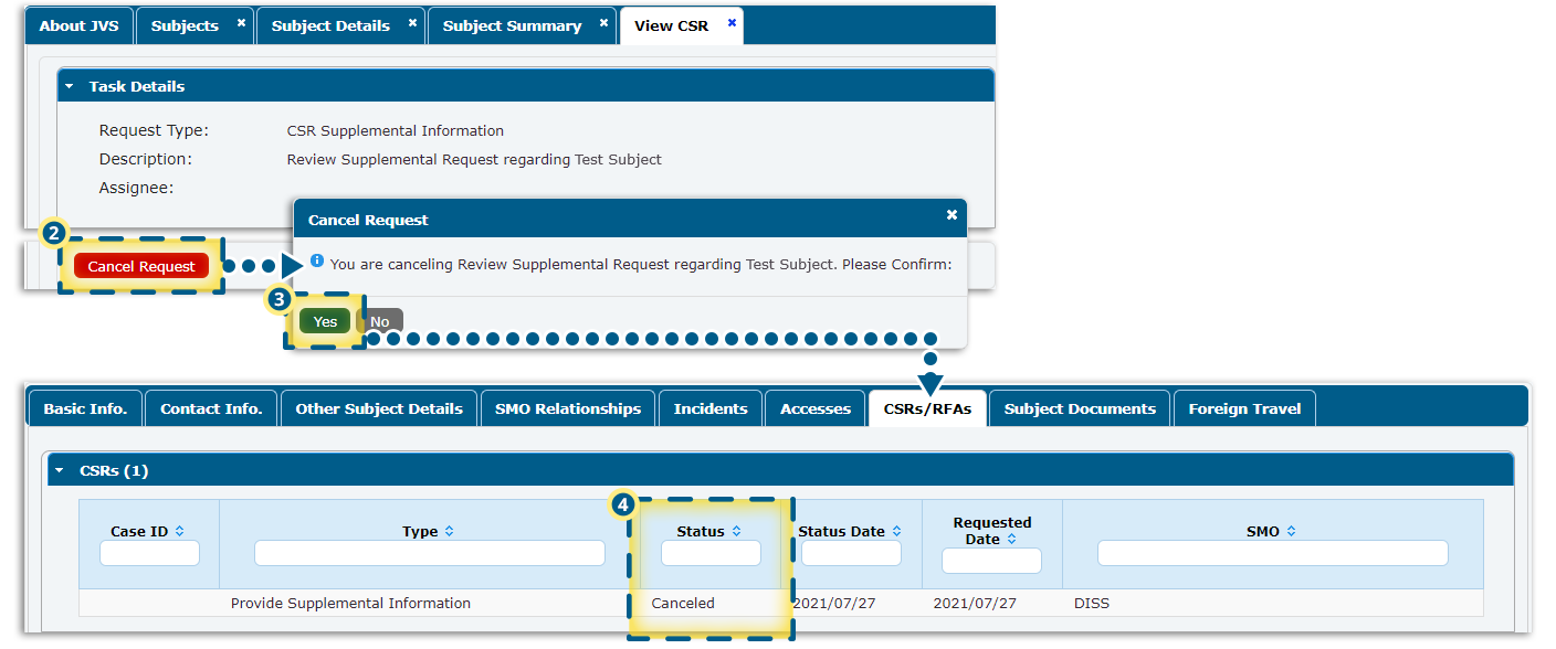 view csr tab with cancel request button selected, cancel request window with yes button selected, csrs rsas tab with canceled csr