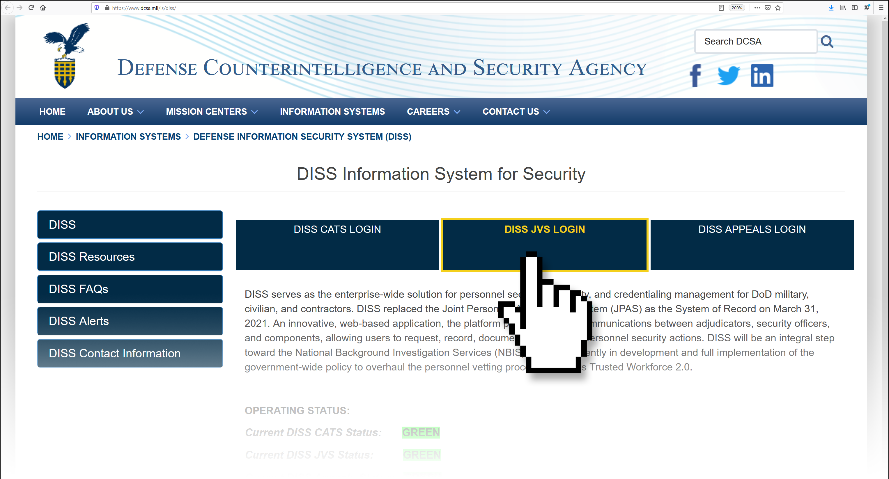 Screenshot of The DISS page on DCSA&amp;#39;s website, emphasizing the, DISS JVS Login button