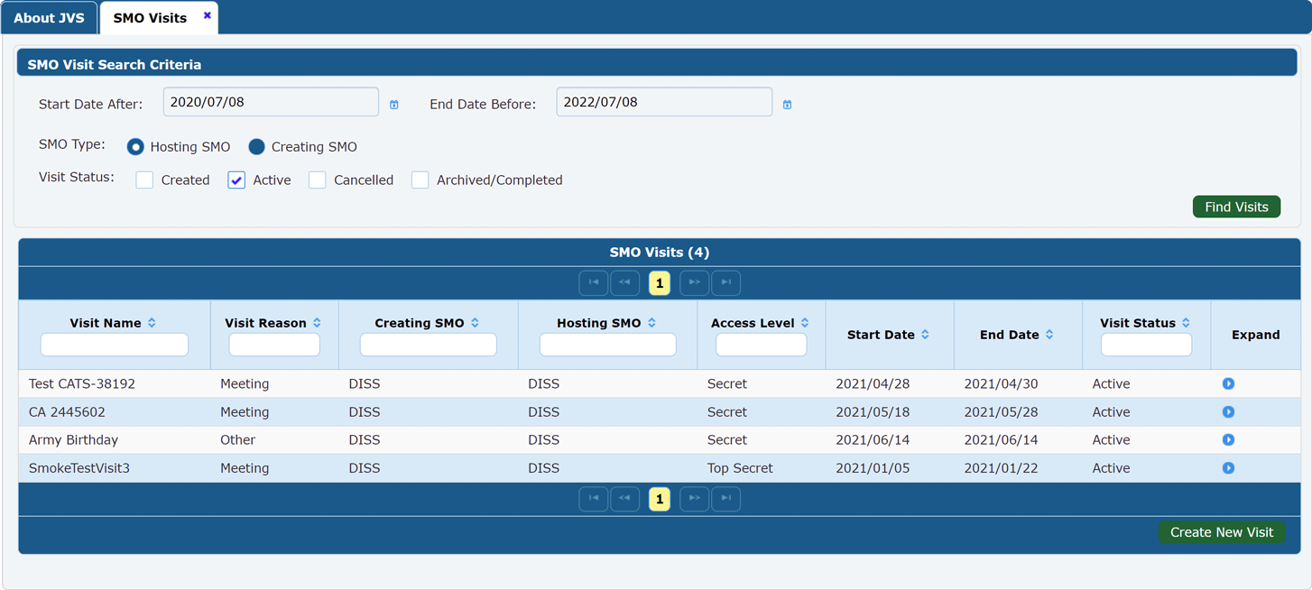 SMO Visit Search Criteria