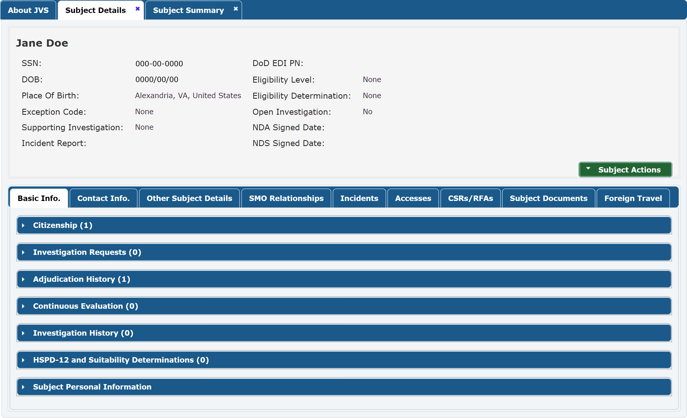 Subject Details Tab
