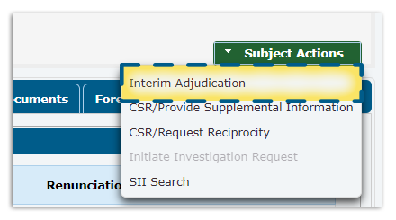 Subject actions menu with interim adjudicator item enabled