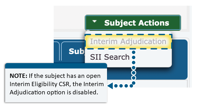 Subject actions menu with interim adjudicator item disabled