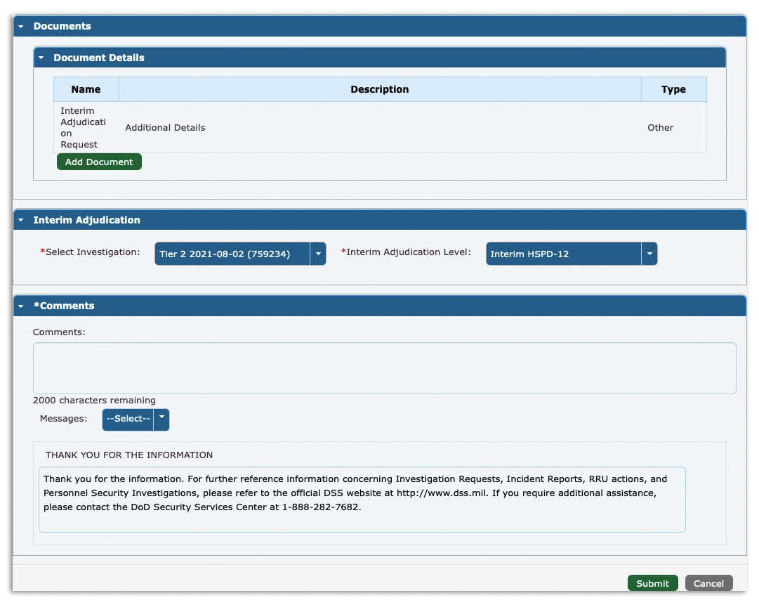 Submission page when granting interim HSPD-12 determination