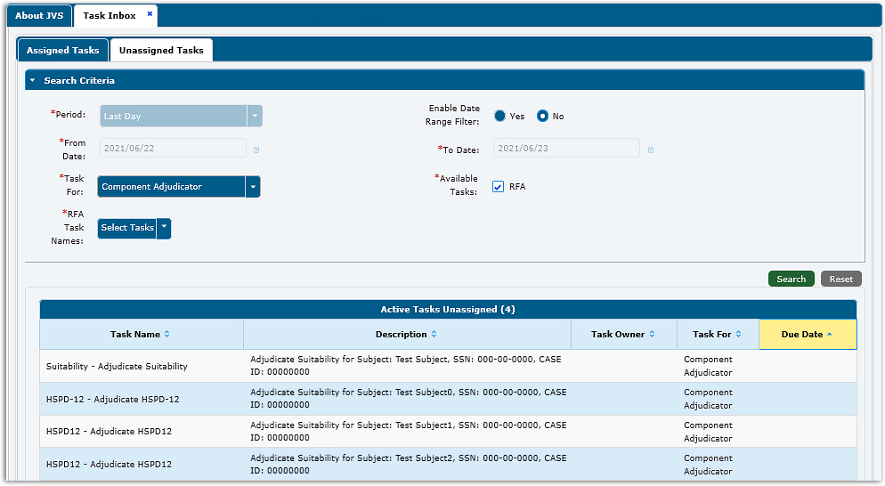 Unassigned Tasks tab with Active Tasks Unassigned records