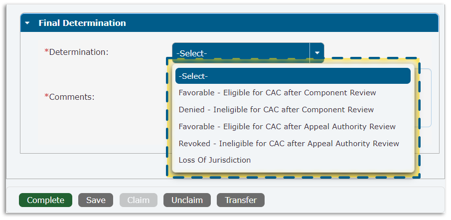 Determination dropdown menu for Suitability case