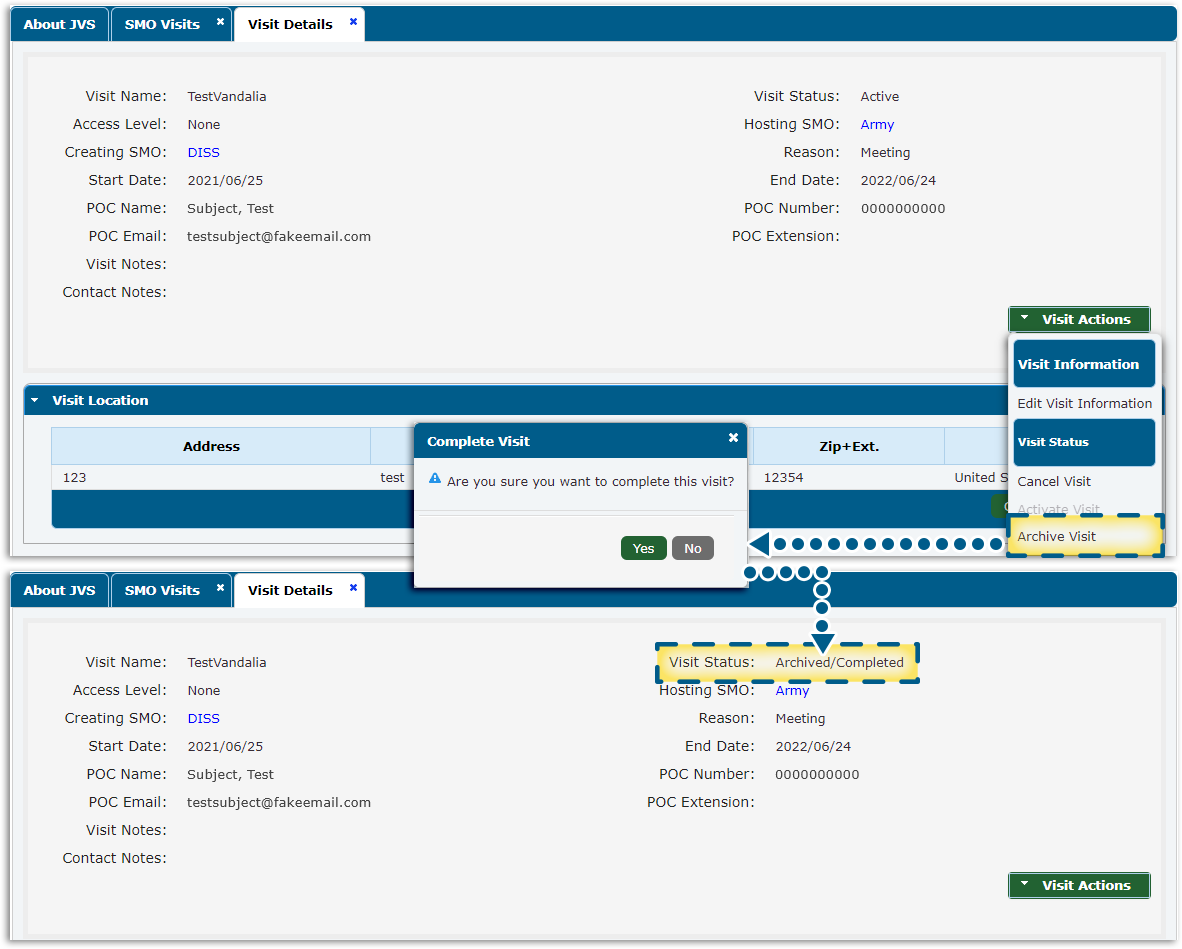 Visit Actions drop down menu with Archive Visit item highlighted. Also, Complete Visit window with Visit Status showing the visit has been archived/completed