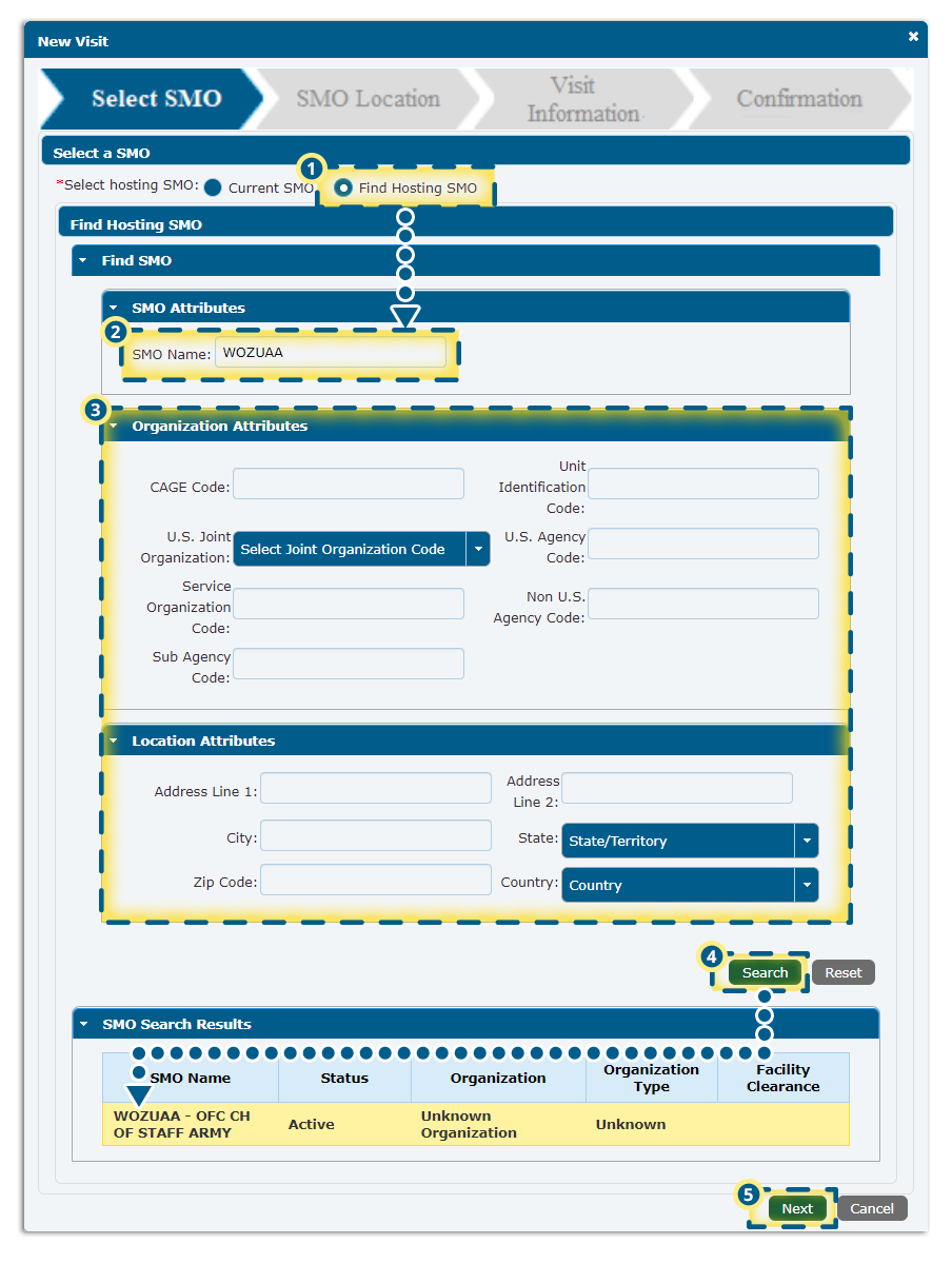 Select SMO step when Find Hosting SMO is selected. Then SMO Search Results Section