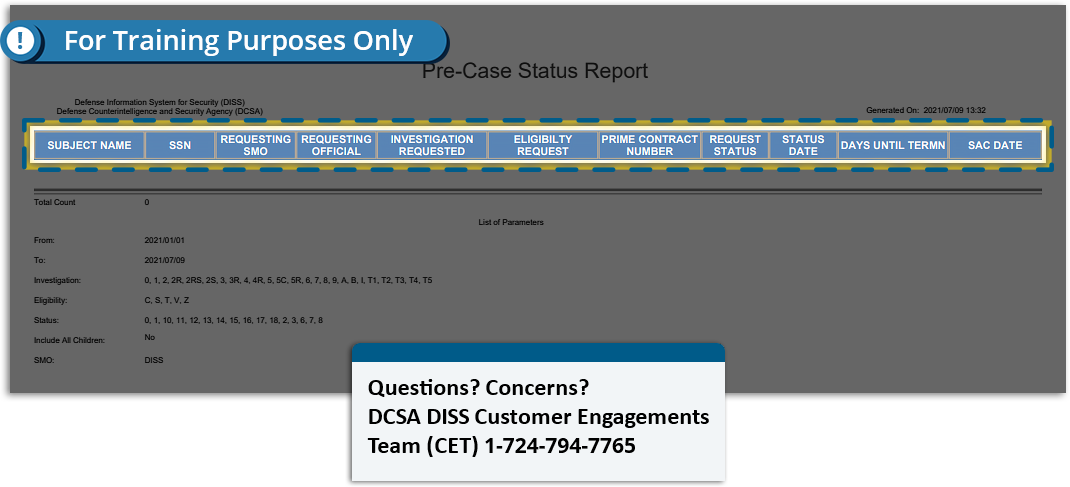 Pre-Case Status Report output